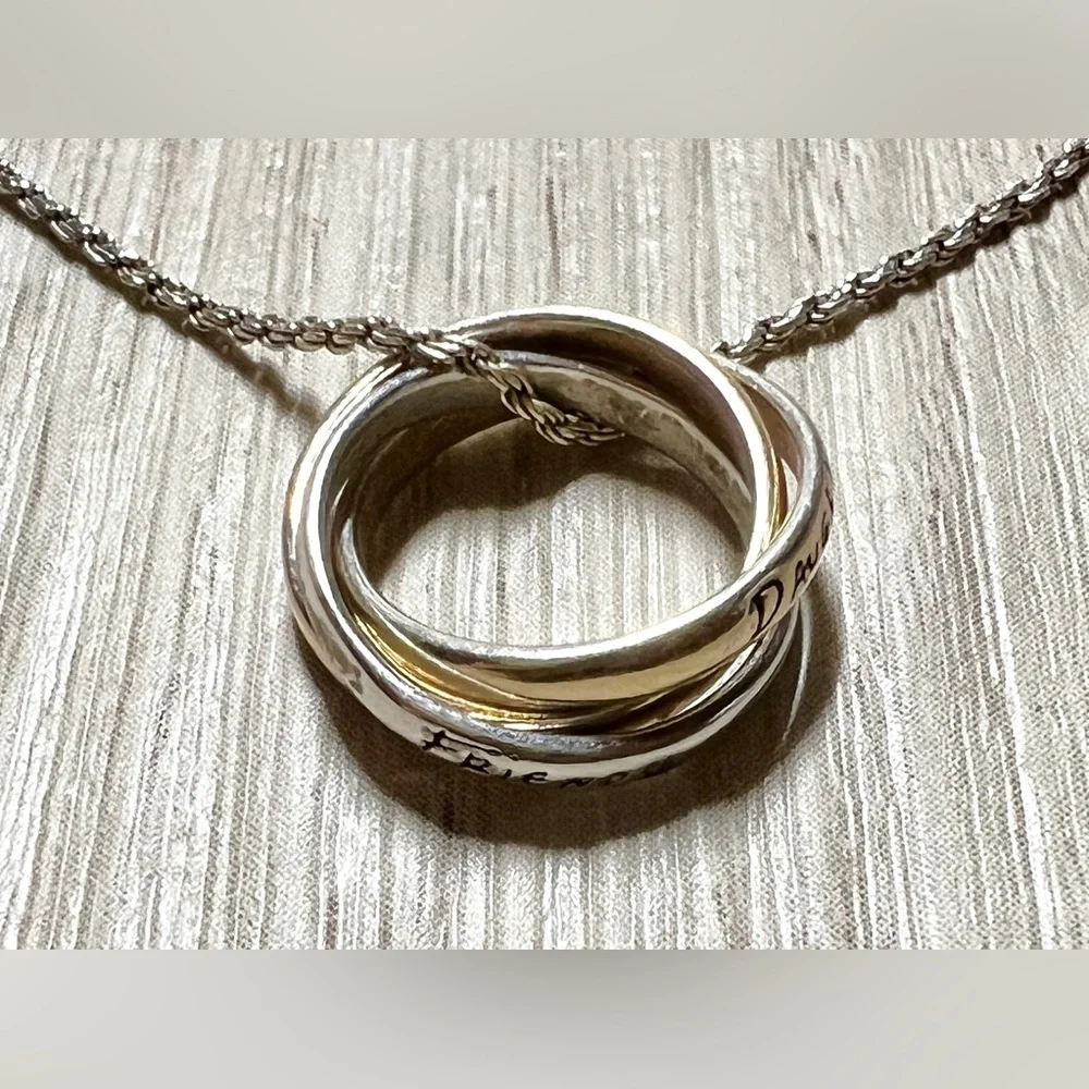 Sterling Silver 3 Ring Tri-Color “Mother, Daughter, Friend” Pendant & Necklace